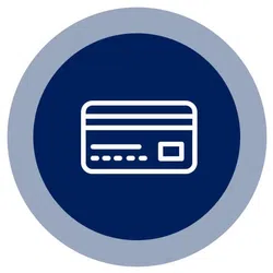 White credit card icon inside a navy blue circle with a gray outer ring, representing payment options.