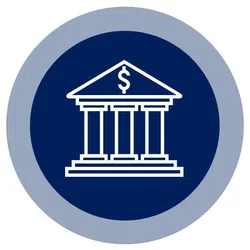 Icon of a classical bank building with columns and a dollar sign in a blue circular background