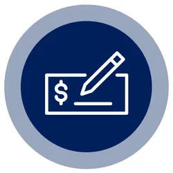 Icon of a check with a dollar sign and a pencil inside a navy blue circle with a light gray border.