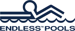 Endless Pools logo featuring a swimmer icon above stylized water waves and the brand name in bold letters.