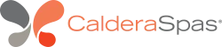 Caldera Spas logo with stylized orange and gray water droplet shapes and company name in orange and gray text.