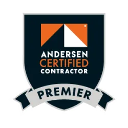 Andersen Certified Contractor Premier badge with orange and white logo on dark shield background.