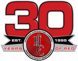 30 years logo for Harrison Contracting Company with red and black colors celebrating since 1995