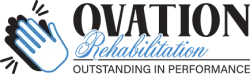 Ovation Rehabilitation logo with clapping hand icon and tagline Outstanding in Performance.