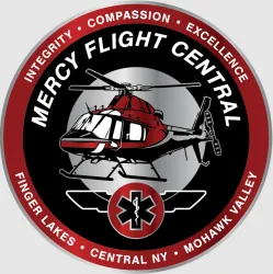 Logo of Mercy Flight Central with a red and black helicopter, medical star, and service region names around the border.