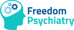 Freedom Psychiatry logo with blue and teal head silhouette and gears symbolizing mental health