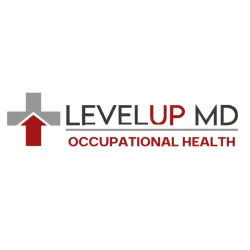 LevelUp MD Occupational Health logo with grey cross and red upward arrow symbol