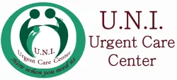 Logo for U.N.I. Urgent Care Center with stylized figures and slogan Here when you need us