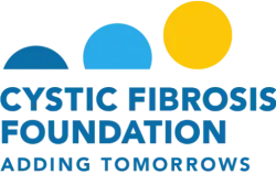 Logo of Cystic Fibrosis Foundation with three colored semicircles and bold text adding tomorrows