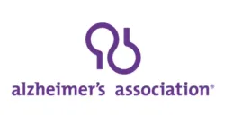 Purple Alzheimer's Association logo with abstract brain design and lowercase text on white background