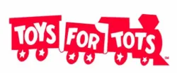 Red train logo spelling out Toys for Tots with stars on the wheels on a white background