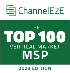 ChannelE2E Top 100 Vertical Market MSP 2023 Edition award logo with green and white colors.