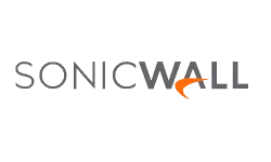 SonicWall logo in gray font with an orange swoosh accent, representing cybersecurity and network protection.
