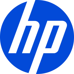 HP logo with black lowercase letters inside a solid blue circle background