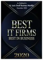 Award badge for Best IT Firms 2020 by St. Louis Small Business Monthly with a dark background and gold text.