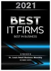 2021 Best IT Firms award badge presented by St. Louis Small Business Monthly with blue and black design.