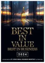 Best in Value Best in Business 2024 award with city skyline and sunset reflection background