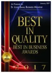 2017 Best in Quality award badge from St. Louis Small Business Monthly with gold text and ribbon.