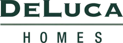 DeLuca Homes logo with dark green text and line on a transparent background