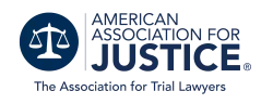 Logo of the American Association for Justice with scales of justice and text for trial lawyers