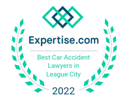 Expertise.com badge for Best Car Accident Lawyers in League City 2022 with laurel wreath and logo.