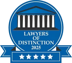 Blue badge with courthouse pillars and five stars labeled Lawyers of Distinction 2025 award.