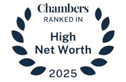 Chambers ranked in High Net Worth 2025 badge with laurel wreath design in dark blue.