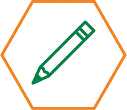Green pencil icon inside a white hexagon with an orange border symbolizing writing or editing.