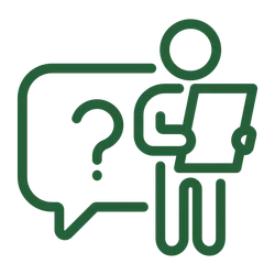 Green line icon of person holding document next to speech bubble with question mark representing inquiry.
