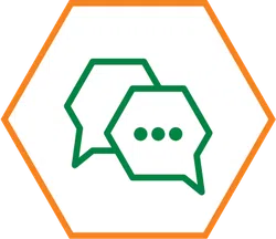 Green hexagonal chat bubbles with three dots inside an orange hexagonal border on white background