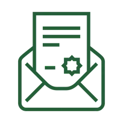 Green outline of an envelope containing a certificate with a seal icon inside the document.
