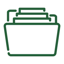 Green outlined icon of an open file folder with multiple documents inside on transparent background