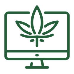 Green outline of a computer monitor displaying a stylized cannabis leaf symbol in the center.