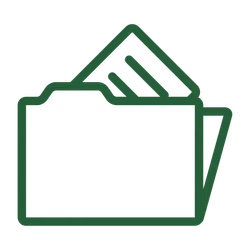 Green outline icon of an open folder with papers inside on a transparent background