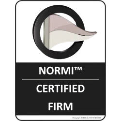 Black badge with a waving flag icon and text stating Normi Certified Firm below the flag.