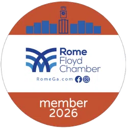 Rome Floyd Chamber member badge for 2026 with logo and city skyline in orange and blue colors.