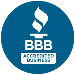 Better Business Bureau BBB Accredited Business logo with white flame icon on blue circular background