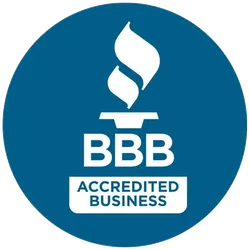Better Business Bureau BBB Accredited Business logo with white flame icon on blue circular background
