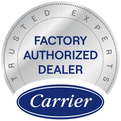 Silver seal badge with Factory Authorized Dealer text and Carrier logo beneath Trust Experts text