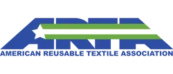 American Reusable Textile Association logo with blue letters and green and white stripes with a star.