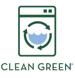 Clean Green logo featuring a washing machine with recycling arrows and water inside representing eco-friendly laundry.