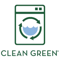 Clean Green logo with a washing machine and recycling arrows around blue water symbolizing eco-friendly cleaning.
