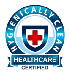 Blue badge with a red cross shield and text Hygienically Clean Healthcare Certified