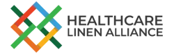 Colorful interwoven lines forming a pattern next to Healthcare Linen Alliance text logo