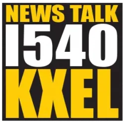 Radio station logo with bold yellow and white text reading NEWS TALK 1540 KXEL on a black background