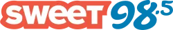 Sweet 98.5 radio station logo with bold white and blue text on a red background