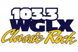 103.3 WGLX Classic Rock radio station logo with bold text in navy blue and yellow.