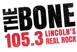 Red text logo for 105.3 Lincoln's Real Rock radio station on black background