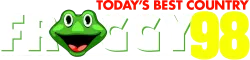 Froggy 98 logo with a bright green frog face and bold white and yellow text promoting best country music.