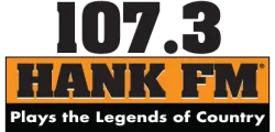 107.3 HANK FM radio station logo with the slogan Plays the Legends of Country on black and orange background